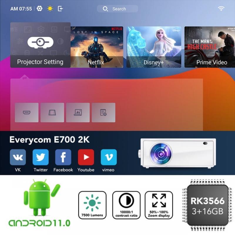 Everycom E700 2560x1440p 2K 9500 Lumens Projector with 3+16G 4K Projectors Home Theater Cinema LED Beamer(5G Wifi Android 11.1)