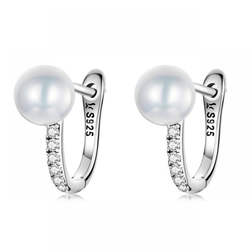 WOSTU 925 Sterling Silver Simple Shell Pearl Shining Zircon Stud Earrings For Women Fashion Party Jewelry CQE1288