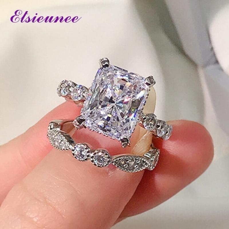 ELSIEUNEE Classic 100% 925 Sterling Silver Simulated Moissanite Diamond Wedding Engagement Bridal Ring Sets Fine Jewelry Gifts