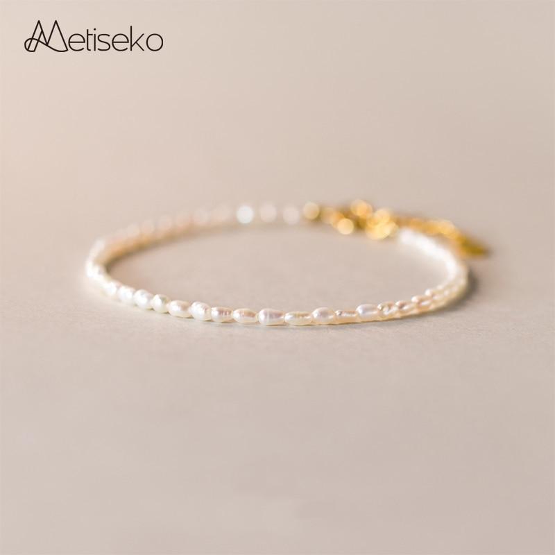 Metiseko Mini Natural Pearl Bracelet 925 Sterling Silver Chain Tiny Freshwater Pearl Bracelet Sweet Elegant for Girls and Women