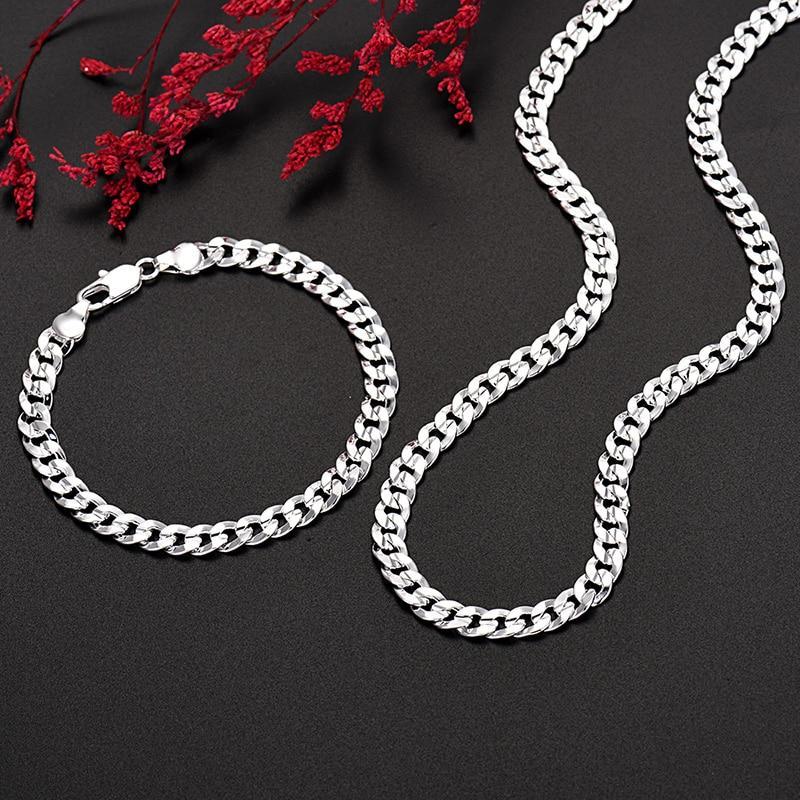 Hot high quality 925 Sterling silver charm 7MM Chain bracelets neckalces jewelry set for man women fashion Party wedding gifts