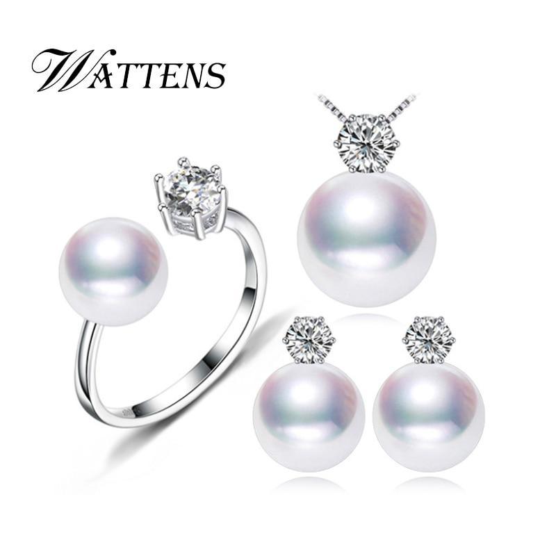 WATTENS geometry Freshwater Pearl Jewelry Sets,White Black Purple Pearl Sets,elegant Penants&Necklace&Earrings&Rings for women