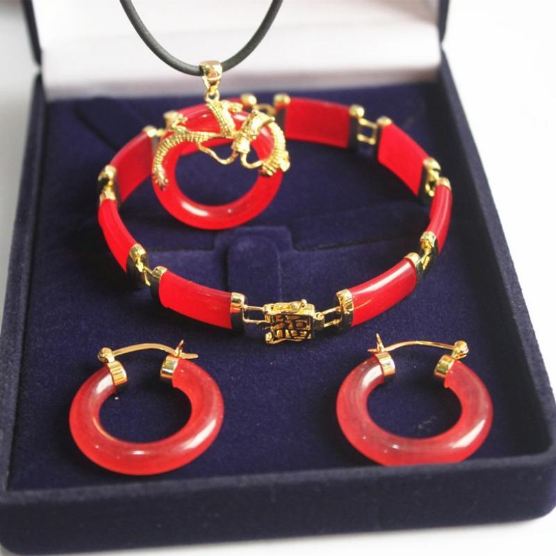 real  Women's Wedding new!  noblest 18kgp red gem stone dragon pendant & earring bracelet jewelry set new-jewelry