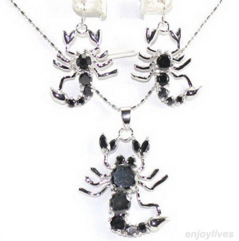 Prett Lovely Women's Wedding Black Zirconia Crystal Scorpion Pendant Earrings & Necklace 5.27 Ms.-jewelrynoble lady's