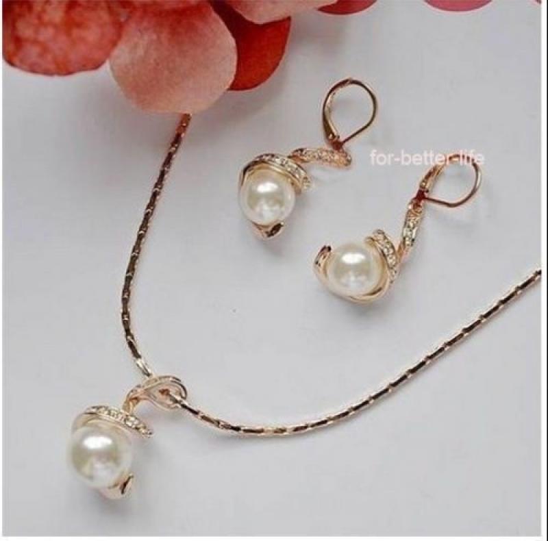 Prett Lovely Women's Wedding  shipping> Rose  GP Pearl Necklace Earrings SET  Shipp AA1234 Ms. jewelry boucle new-jewelry