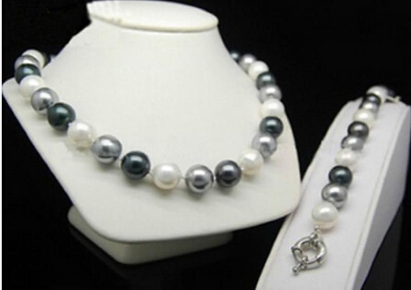 Jewelry Set Silver hook>Round beads 3 color 12mm black Grey white shell Pearl bracelet Necklace 18" set AAA style