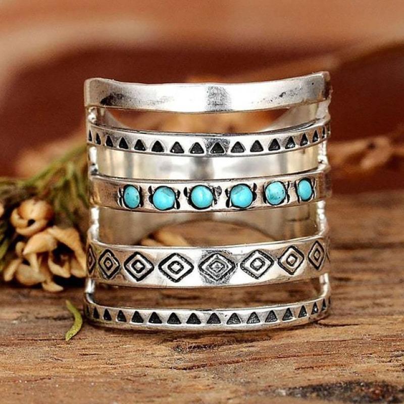 Bohemia Stone Inlaid Finger Joint Rings for Women Antique Engraving Geometric Pattern Female Statement Party Wedding Ring Gifts
