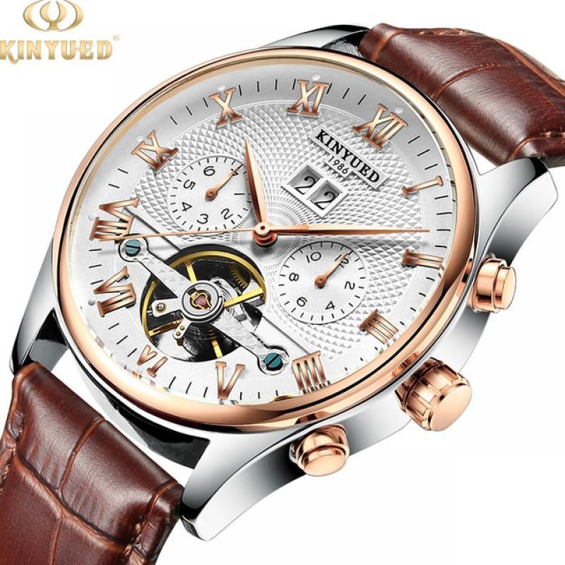 KINYUED Mens luxury original Brand watches Men Skeleton Tourbillon Mechanical Automatic analog watch for Man Waterproof bracelet