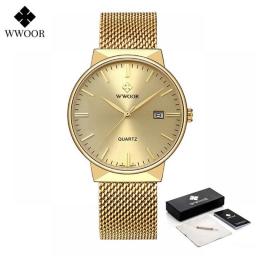 WWOOR Men Simple Slim Watches Luxury Brand Gold Steel Mesh Ultra Thin Waterproof Date Wrist Watch Men Golden Clock With Box Pack