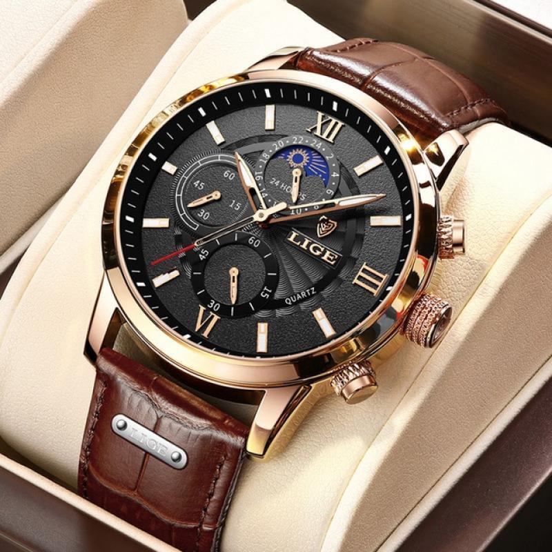 LIGE Business Mens Watches Top Brand Luxury Leather Casual Quartz Moonswatch for Men Sport Waterproof Watches Relogio Masculino