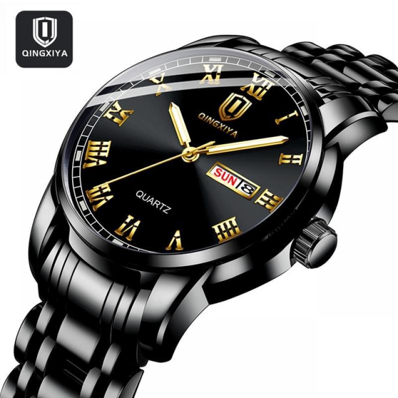 QINGXIYA Top Brand Luxury Gold Red Quartz Watch Men Stainless Steel Luminous Waterproof Watches Week Calendar Business Watch Men