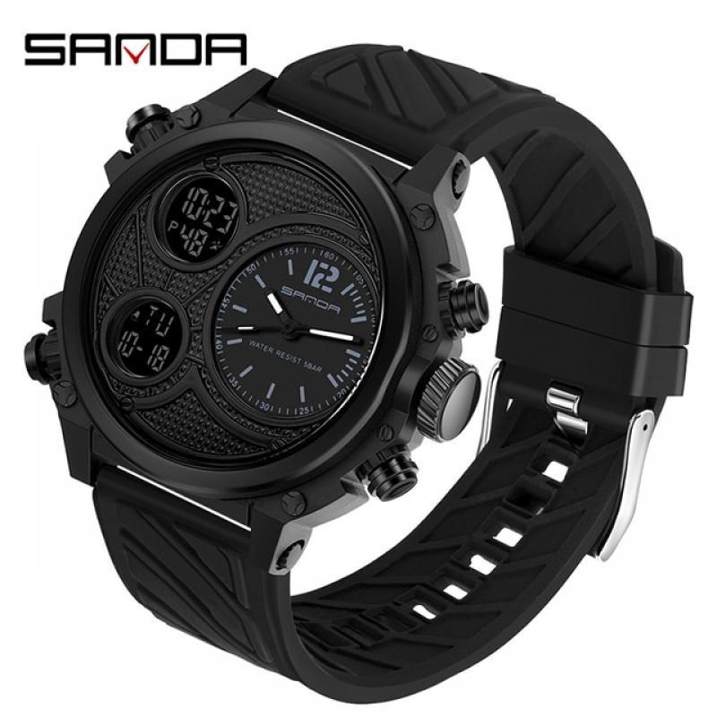 SANDA Three Time Display Quartz Watch for Men LED Sport Digital Watches 50m Waterproof ElectronicWristwatch Alarm Clock Relogio