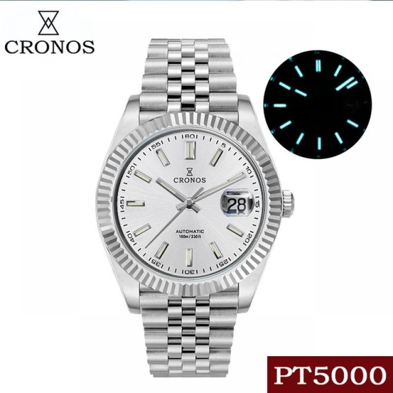 Cronos Date Luxury Men Dress Watch Stainless Steel 5 Links Bracelet Copper-Nickel Platinum PVD  Bezel 100m Water Resistant