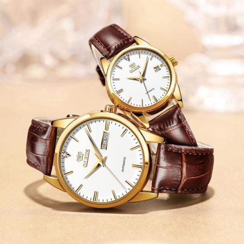 OLEVS Couple Automatic Mechanical Watch for Men Women Pair Matching His & Hers Watches Wristwatch Date Valentine's Gifts Set