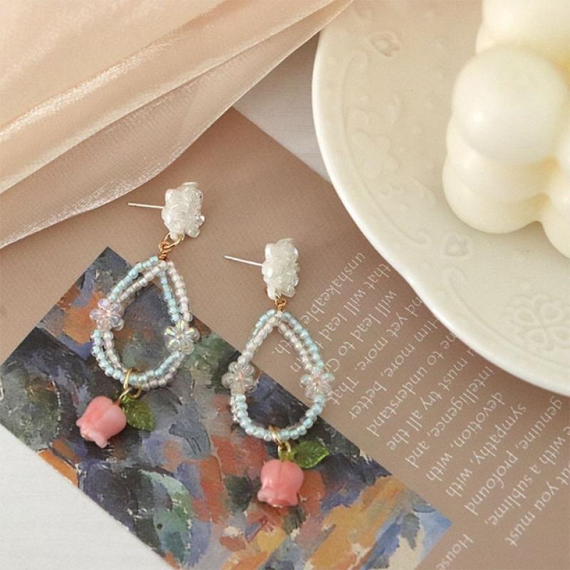 New trend Japanese and Korean style sweet camellia earrings forest texture beads earrings daily spring travel women's earrings