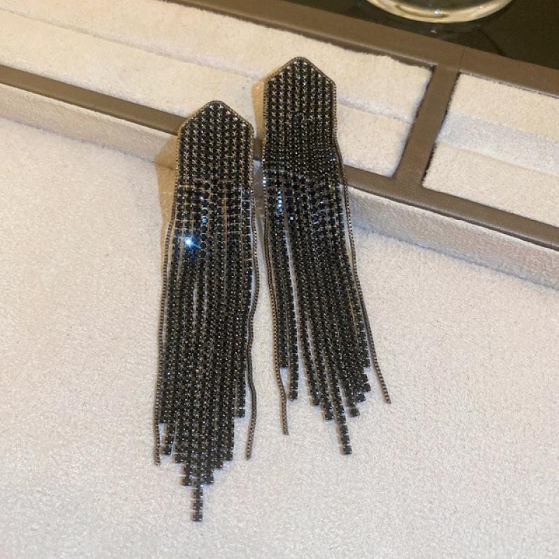 FYUAN Long Tassel Drop Earrings for Women Gold Color Black Rhinestone Dangle Earrings Fashion Jewelry