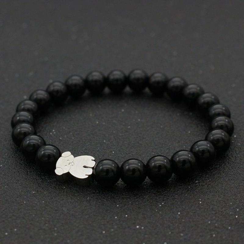 Cute Bear Lovely Stainless Steel Bear Bracelets For Women Girls Lucky Red Natural Stone Black Agates Matte Bead Bracelet Jewelry