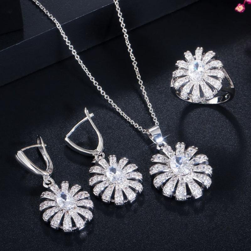 BeaQueen 3pcs Jewelry Sets Emerald Green Cubic Zirconia Flower Ring Earrings and Pendant Necklace for Women Anniversary JS004