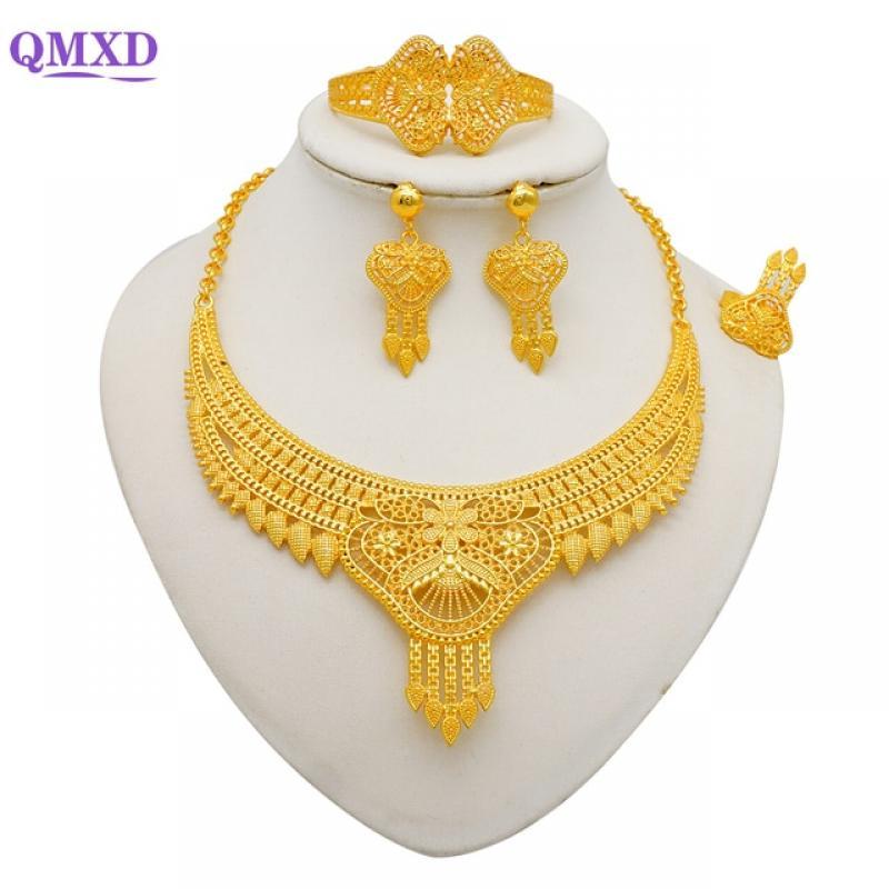 Dubai Arab Gold Color Jewelry Sets Women African Party Wedding gifts Ethiopia Necklace and Earrings Ring Sets Pendant