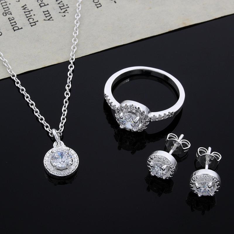 100% Pure 925 Sterling Silver Bridal Jewelry Sets Cubic Zircon Necklace Earrings Ring Gift for Women Birthday Valentines Xmas
