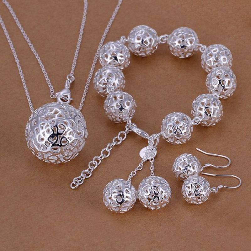 wedding Women jewelry exquisite hollow ball pendant necklace bracelets Earrings set fashion silver color jewelry Set S110