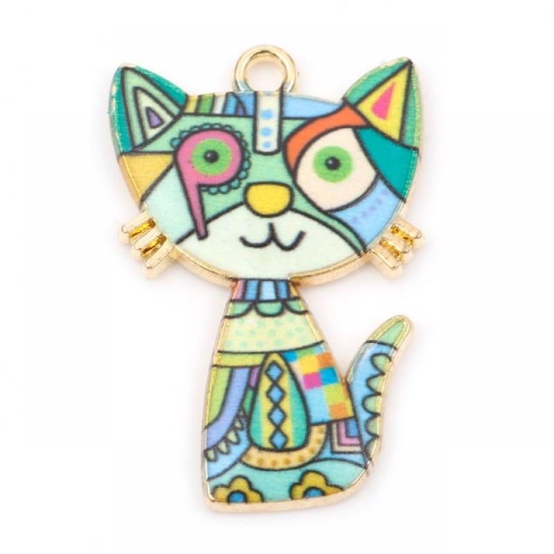 10 PCs Multicolor Cat Animal Enamel Charms Pendants Gold Color Multicolor Cartoon Pendants for DIY Bracelet Necklace 3cm x 2cm