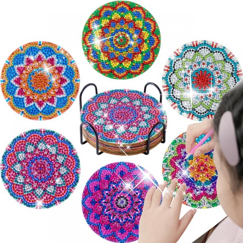 SDOYUNO 6pc/sets DIY Diamond Painting Coaster with Holder Handmade Crystal Rhinestone Cup Mandala Diamond Drill Point Coasters