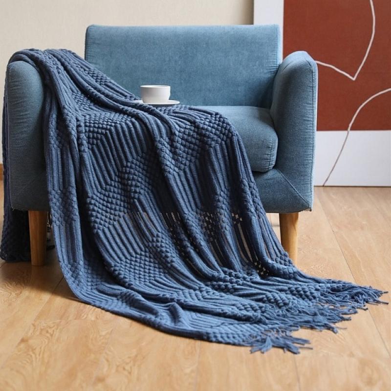 Inya Navy All Throw Blanket for Couch Sofa Bed Decorative Knitted Blanket with Tassels, Soft Lightweight Cozy Textured Blankets