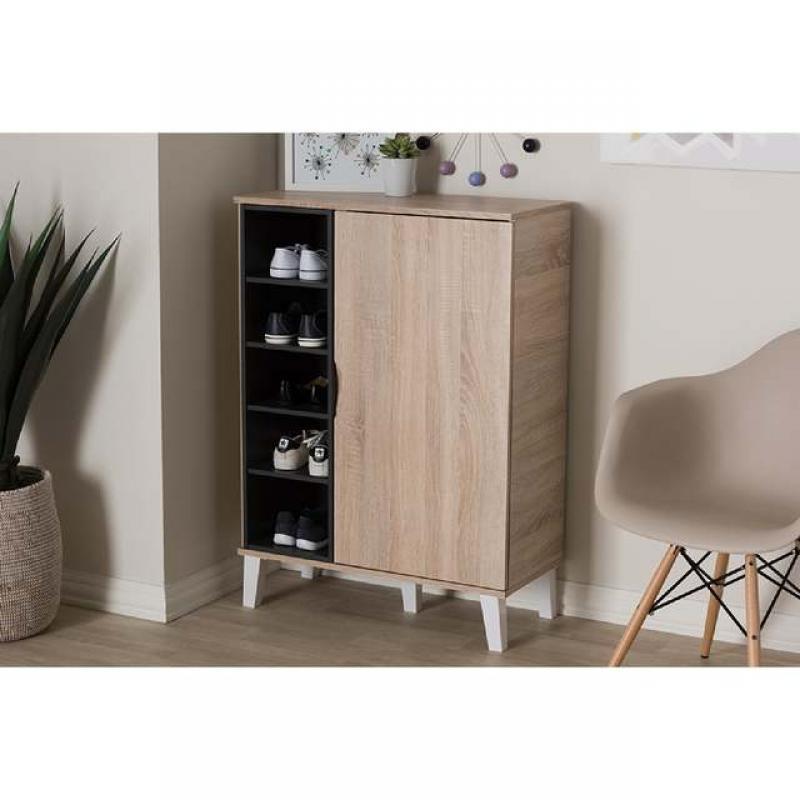 Baxton Studio Adelina Mid-Century Modern 1-door Oak and Grey Wood Shoe Cabinet