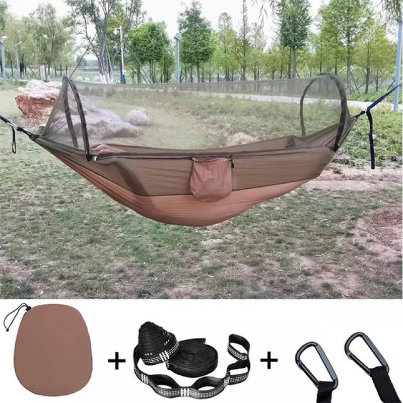 Double Camping Hammock with Mosquito Netting Pop-up Portable Hammock Ultralight Nylon Parachute Hammocks with Tree Straps