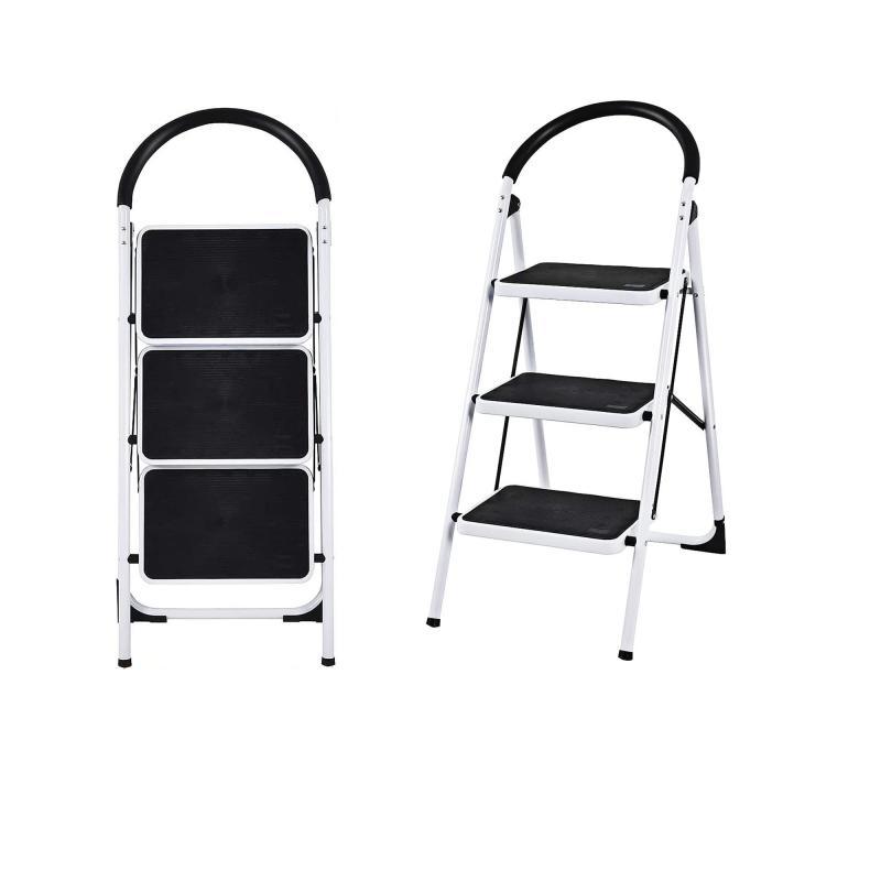 3 Step Ladder Folding Step Stool Ladder, Sturdy Steel Ladder with Wide Pedal 330 lbs Capacity,White+Black