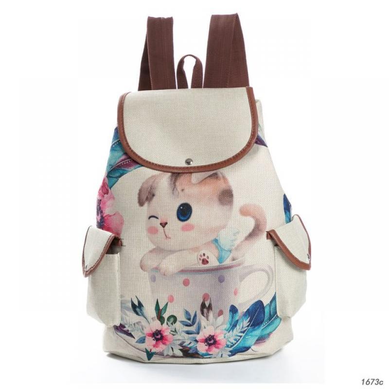 Backpack Creative Cartoon Cat Print Student Schoolbag Large Capacity Cute Linen Women Style