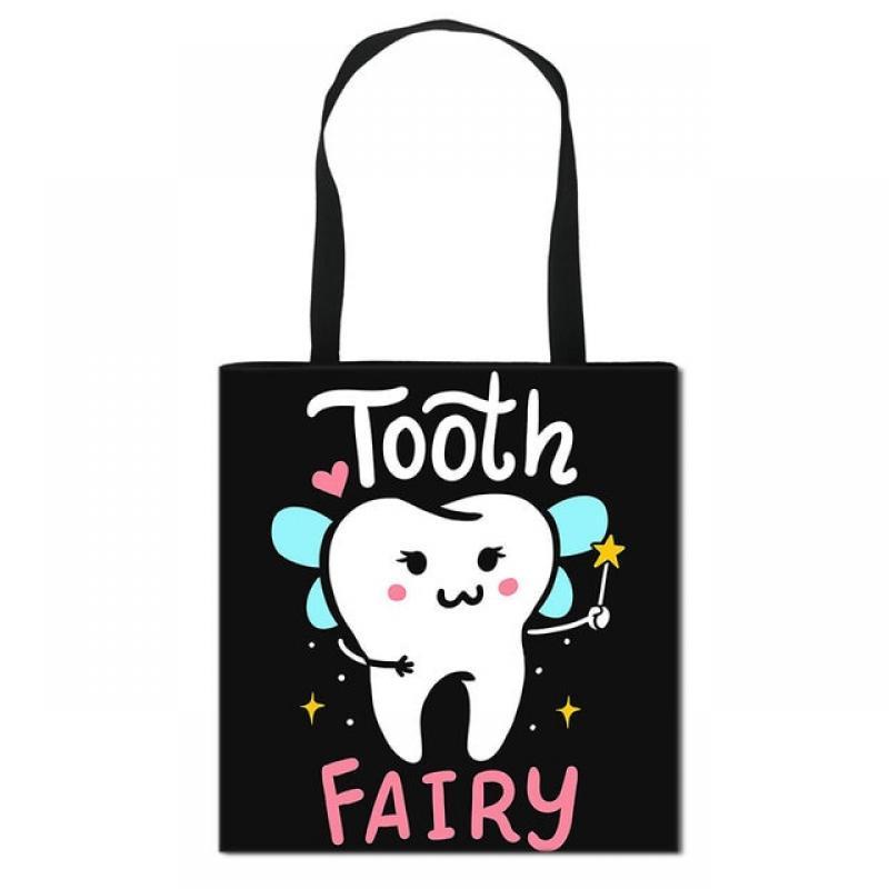 Cute Tooth Fairy Print Handbag Women Casual Tote Bags Teeth Girls Shoulder Travel Bags Dental Hygienist Storage Shopping Bag