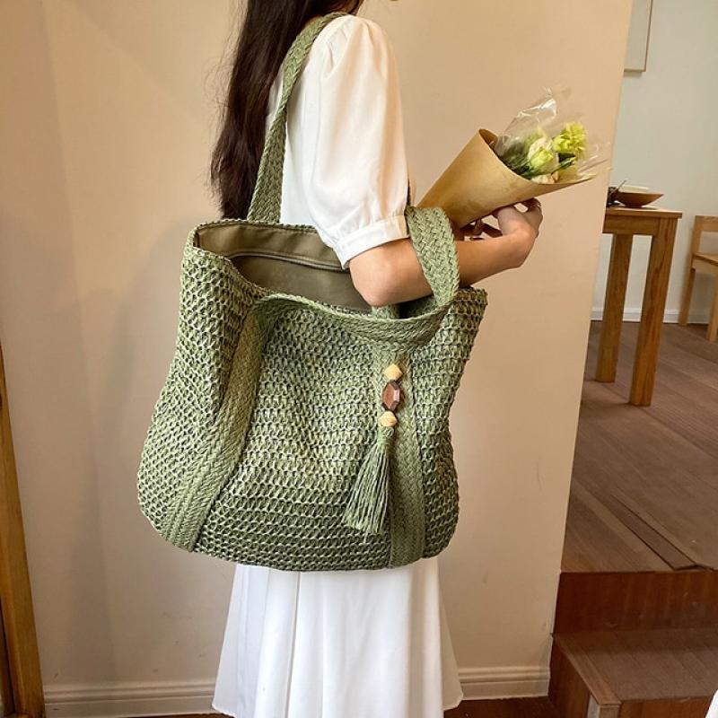 2023 Straw Braided Bag Hand-woven Simple Handbag Holiday Beach Shoulder Bag Casual Trend Women Large Capacity Tote Shopping Bags