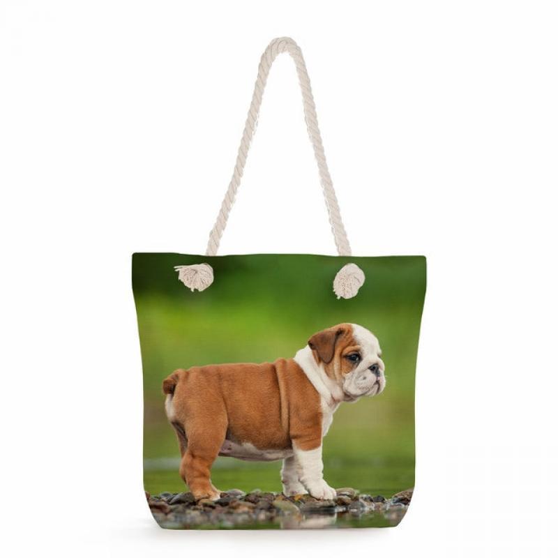 Cute British Bulldogs Print Handbags Women Shopping Tote Bags Casual Travel Thick Rope Beach Bags High Capacity Bulldog Graphic