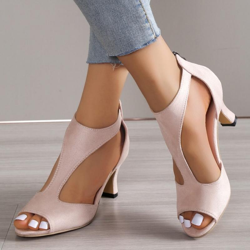 Sandals Woman Summer 2023 Round Toe Fish Toe Stiletto Sandals Social Shoes Medium Heel Roman High Heels Plus Size Party Elegant