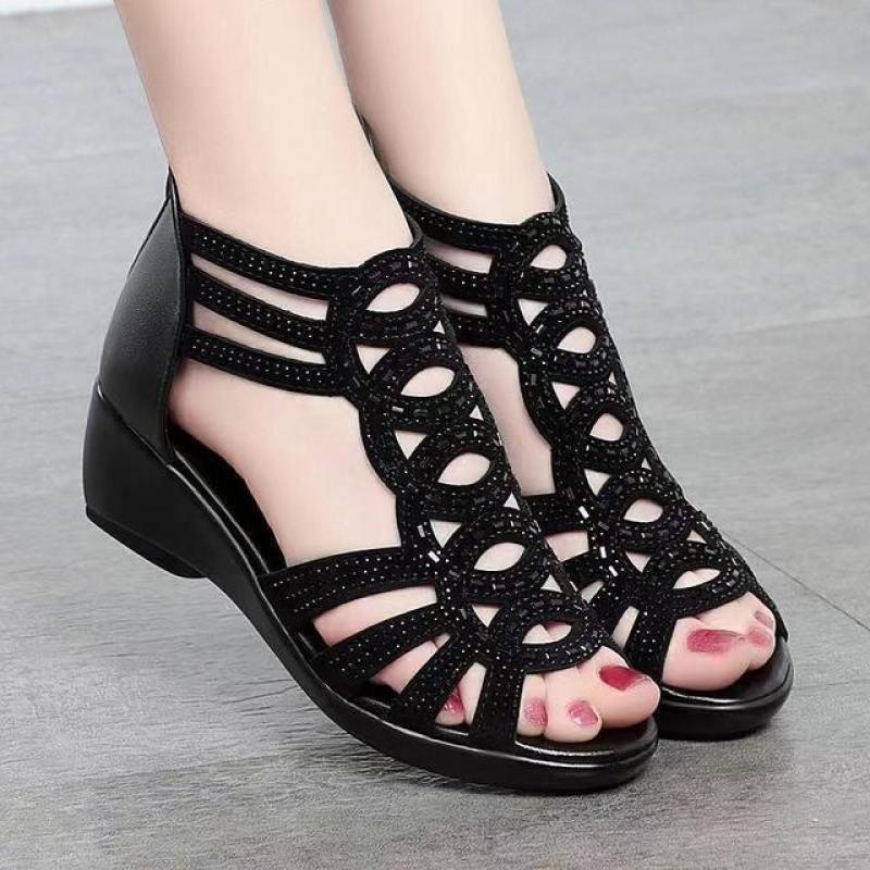 Summer Real Soft Pu Leather Roman Sandals Women's Chunky Heel5cm Mom Shoes Fashion Outerwear Female Sandalia Wedge Women's Shoes