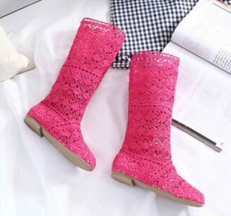 Women's spring high boots wool hollow boots fashion luxury brand summer white lace boots ladies hollow flat casual shoes