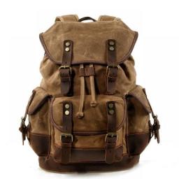 Men's Leather Backpack For Men Mochila Hombre High Capacity Waxed Canvas Vintage Backpack For School Hiking Travel Rucksack