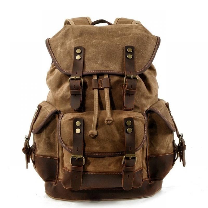 Men's leather backpack for men mochila hombre High Capacity Waxed Canvas Vintage Backpack for School Hiking Travel Rucksack