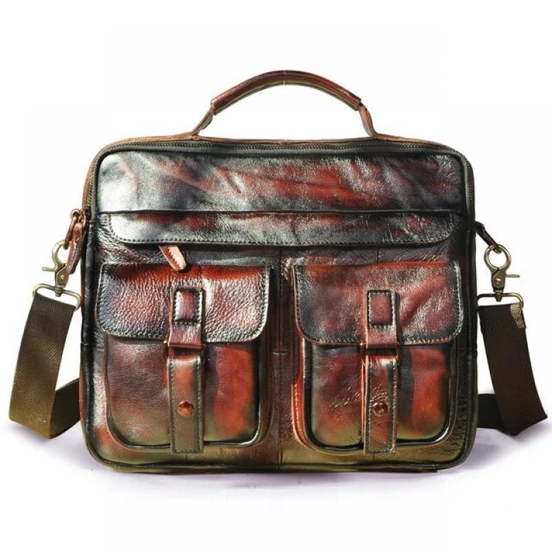 Le'aokuu Men Real Leather Antique Style Coffee Briefcase Business 13" Laptop Cases Attache Messenger Bags Portfolio B207-d