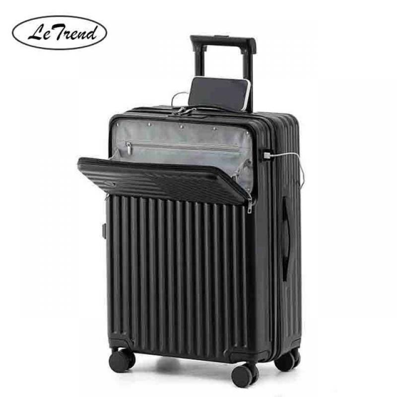 LeTrend New Fashion USB Women Rolling Luggage Spinner Men multi-function Front opening Suitcase Wheels 20 inch Cabin Trolley