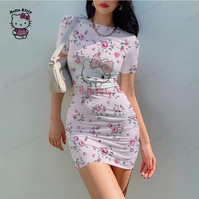 2023 O Neck Short Sleeve Shoulder Bodycon Mini Dress Basic Women Summer Hello Kitty Print Party Sexy Pink Clubwear Dresses