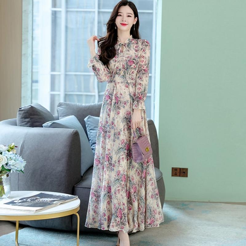 Spring Autumn Floral Chiffon Ruffled Collar Maxi Dress Women Chic Casual Beach Dresses 2023 Elegant Bodycon Party Night Vestidos