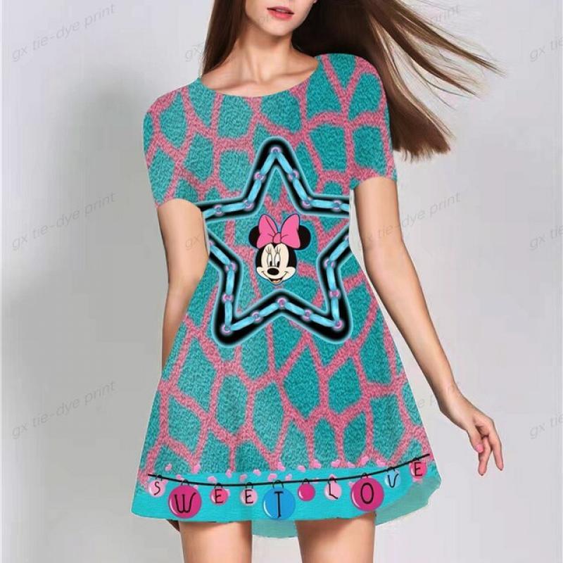 Summer Dress Women Disney Minnie Mickey Loose Short Sleeve Round Neck Dress for Daily Wear Loose Mini Dress Lady Beach Sun Dress