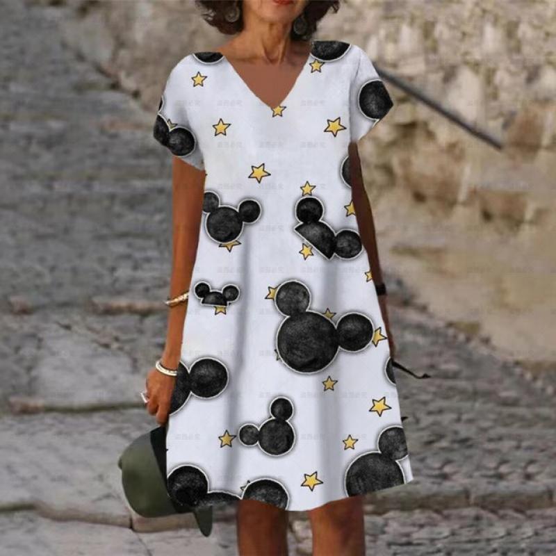 Women's Summer Fashion Dress Loose Dresses Knee Length Short Sleeve Disney Mickey Mouse Print V Neck Stylish Casual Sundress