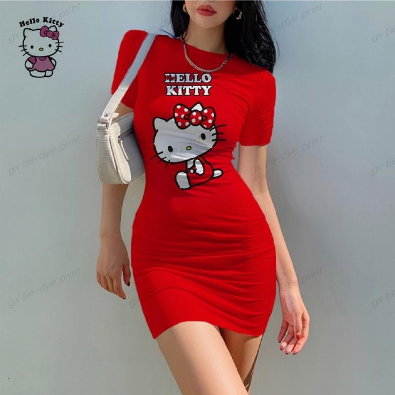 Hello Kitty Party Wrap Dress Women O neck Short sleeve Bodycon Club Wear Summer Sexy Basic Vacation Mini Dresses