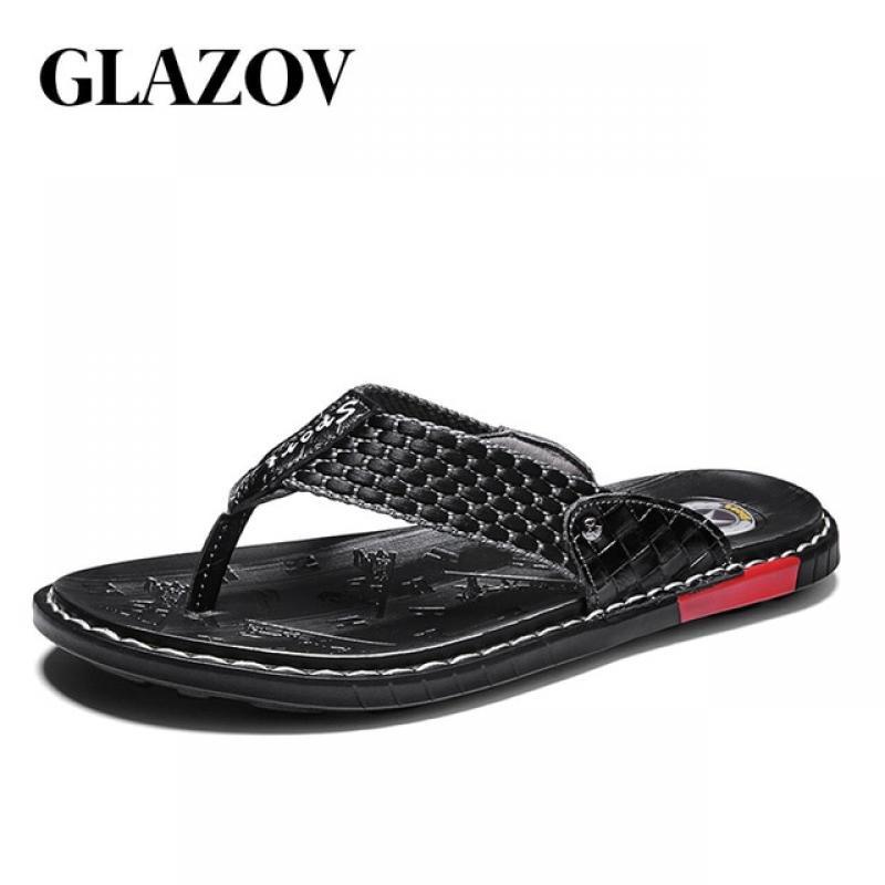 GLAZOV Brand Men's Flip Flops Genuine Leather Luxury Slippers Beach Casual Sandals Summer for Men Fashion Shoes New 2019 New