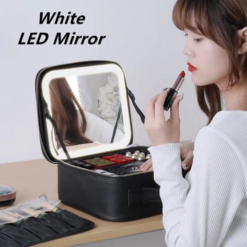 Women LED Light Cosmetic Bag  Mirror Cosmetic Case Luxury PU Large Capacity Portable Travel Makeup Bags for Women