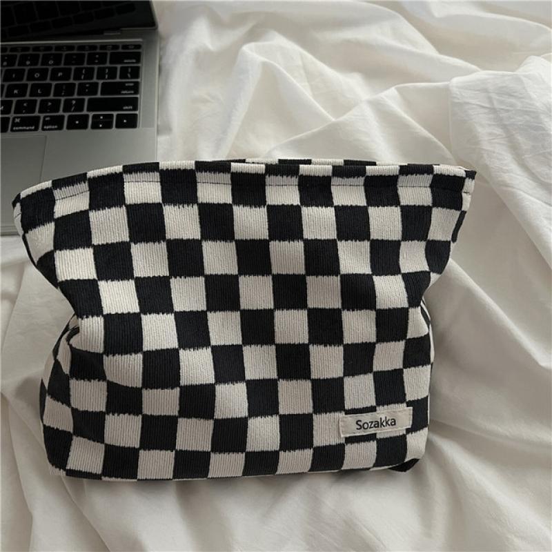 Women Cosmetic Bag Corduroy Plaid Travel Makeup Bag Portable Toiletry Bags Large Capacity Cosmetic Organizer Zipper Beauty Pouch